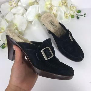 UGG Black Suede Shearling-Lined Heeled Mule